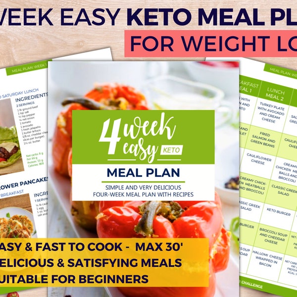 Four Week Easy Keto Meal Plan with Grocery List and Full Recipes. Weight loss Plan. Low carb meal plan. Keto meal plan printable pdf