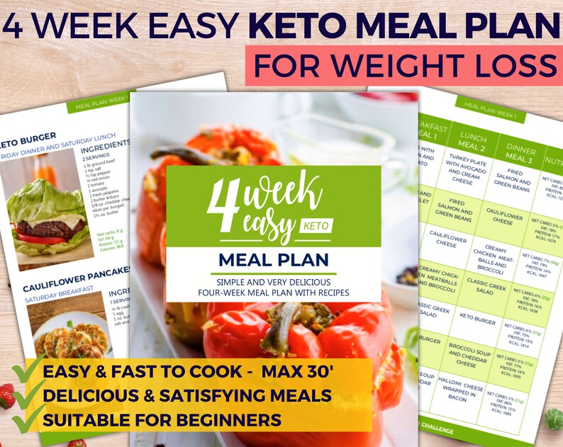 May include: A four-week keto meal plan for weight loss. The cover features a green and white title with the text "4 week easy keto meal plan for weight loss". The cover also features a photo of stuffed bell peppers and a sample meal plan.