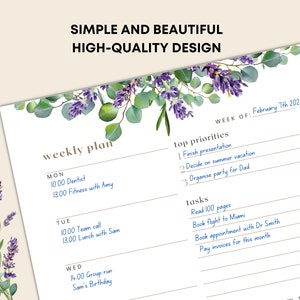 May include: A weekly planner with a floral design featuring lavender and eucalyptus. The planner includes sections for daily schedules, top priorities, and tasks. Text on the planner reads "Simple and Beautiful High-Quality Design."