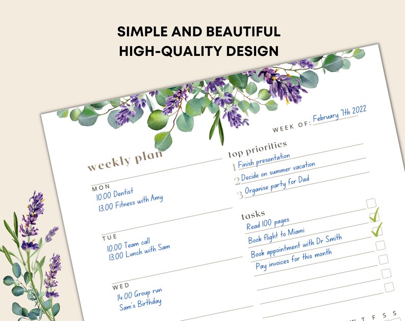 May include: A weekly planner with a floral design featuring lavender and eucalyptus. The planner includes sections for daily schedules, top priorities, and tasks. Text on the planner reads "Simple and Beautiful High-Quality Design."