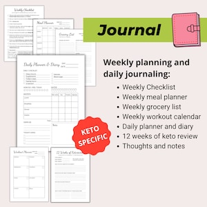 May include: A collection of white paper planner pages with black text, including a weekly checklist, meal planner, and daily diary. A pink journal with a clasp is in the corner. The text "Journal" is in green.