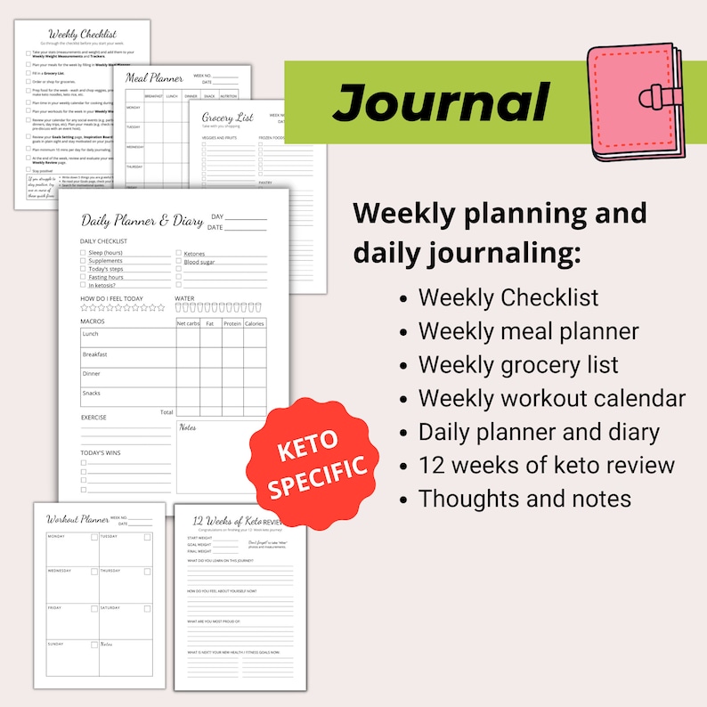 May include: A collection of white paper planner pages with black text, including a weekly checklist, meal planner, and daily diary. A pink journal with a clasp is in the corner. The text "Journal" is in green.