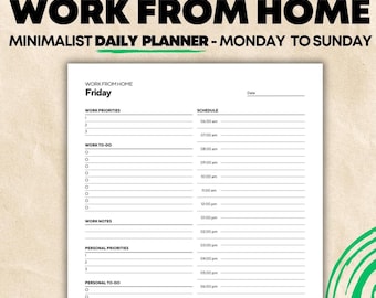 Dagelijkse planner thuiswerken, afdrukbaar, digitale planner pdf, direct downloaden, 7 pagina's, productiviteitsorganisator, uurplanner, halfuur
