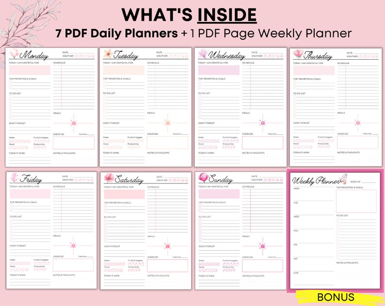 Printable Daily Planner, Floral Design, Weekly Bonus (digital Download ...
