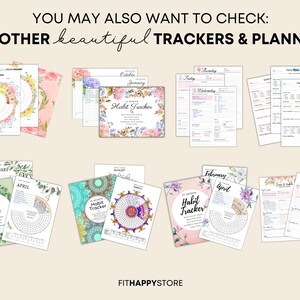 May include: A selection of habit trackers and planners featuring floral and geometric patterns. The text includes "Habit Tracker" and months such as "January" and "April". The top text reads "YOU MAY ALSO WANT TO CHECK: MY OTHER beautiful TRACKERS & PLANNERS".