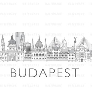 May include: A black and white line drawing of the Budapest skyline, featuring iconic landmarks such as the Hungarian Parliament Building, St. Stephen's Basilica, and the Chain Bridge. The text "BUDAPEST" is written below the skyline.