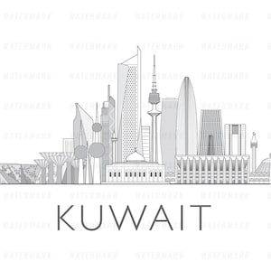 May include: A black and white line drawing of the Kuwait City skyline, featuring several skyscrapers, including the Kuwait Towers, and the Grand Mosque. The text "KUWAIT" is written below the skyline.