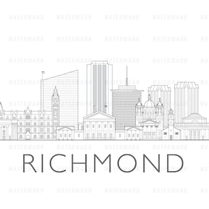 May include: A black and white line art illustration of the Richmond, Virginia skyline. The skyline features several buildings, including the state capitol building, the Virginia Museum of Fine Arts, and the Richmond Federal Reserve Bank. The text "RICHMOND" is written below the skyline.