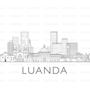May include: A black and white line drawing of the Luanda skyline, featuring several buildings, including a church and a tall skyscraper. The text "LUANDA" is written below the skyline.