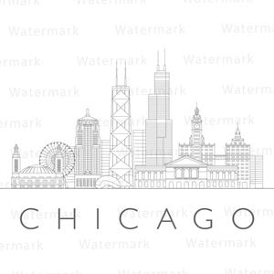 Illustrazione dello skyline di Chicago, Illinois. Decorazione murale di Chicago. Download digitale. Stampa artistica. Download immediato. Vettoriale svg, png, eps e jpeg