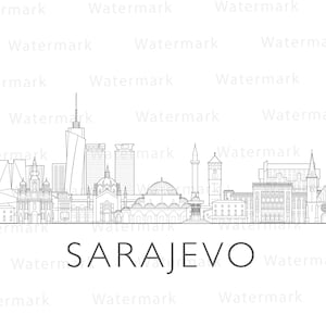 Puede incluir: Un dibujo lineal en blanco y negro del horizonte de Sarajevo. La imagen presenta varios edificios, incluyendo una mezquita, torres y rascacielos modernos. El nombre de la ciudad, SARAJEVO, está escrito debajo.