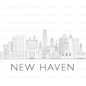 Pode incluir: Um desenho a traço em preto e branco do horizonte de New Haven, Connecticut. A imagem apresenta vários edifícios e estruturas, incluindo igrejas e arranha-céus. O nome da cidade, "NEW HAVEN", está impresso abaixo.