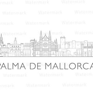 May include: A black and white line drawing of the Palma de Mallorca skyline. The image features detailed architectural outlines of buildings, including a cathedral and other structures. The text "PALMA DE MALLORCA" is displayed below the skyline.