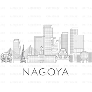 Peut inclure: Un dessin au trait en noir et blanc de l'horizon de Nagoya. L'image présente divers bâtiments, un pont et une tour. Le mot "NAGOYA" est écrit en police sans-serif en dessous.