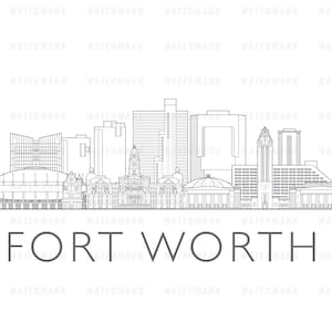 Puede incluir: Un dibujo lineal en blanco y negro del horizonte de Fort Worth. La imagen presenta varios edificios y estructuras, con el nombre de la ciudad, "FORT WORTH", mostrado en una fuente sencilla debajo.