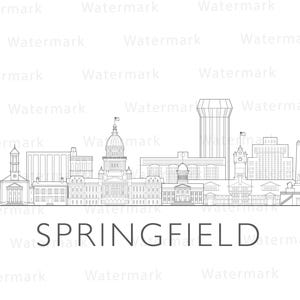 May include: A black and white line drawing of the Springfield, Illinois skyline. The image features various buildings, including a state capitol building with a dome, and the city's name in a sans-serif font.