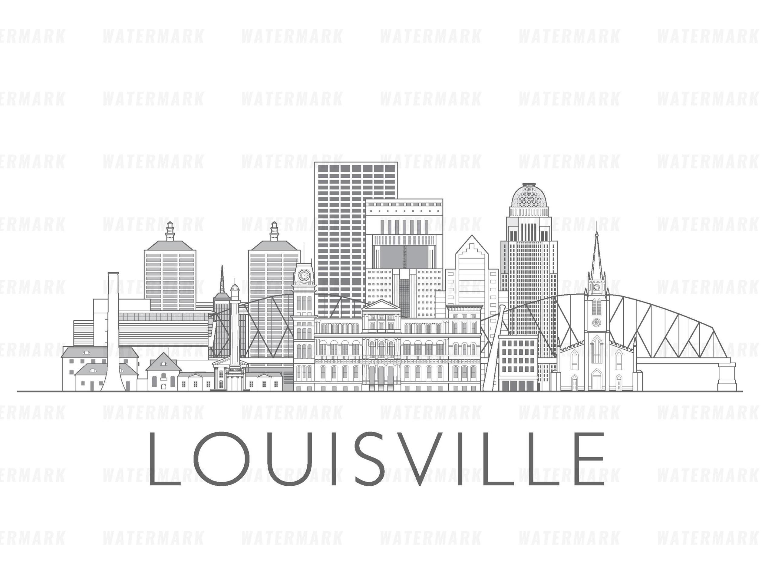 Louisville, Kentucky (VS), digitaal illustratiebestand stadsgezicht, zwart-wit