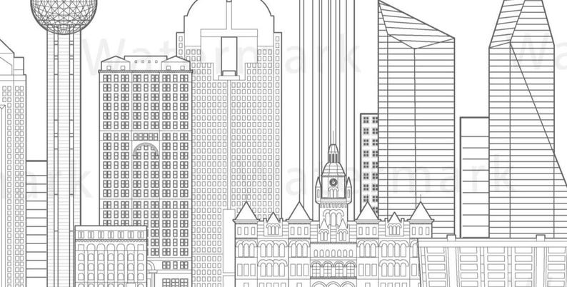 Dallas Texas Skyline Illustration, Cityscape Landmarks (digital ...