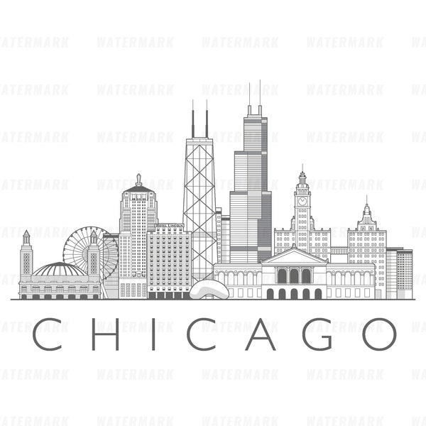 Chicago city, Illinois, cityscape illustration digital file