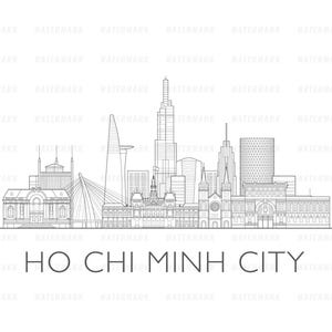 以下が含まれることがあります： ホーチミン市のスカイラインを描いた白黒の線画。さまざまな建物や構造物が描かれており、その下に都市名がシンプルなフォントで書かれています。