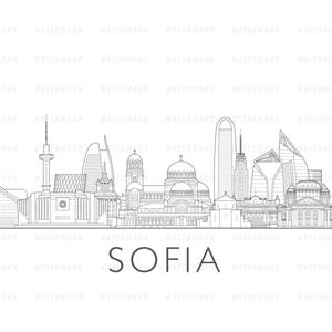 May include: A black and white line drawing of the Sofia skyline. The image features various buildings and structures, with the city name "SOFIA" written in a simple font below the skyline.