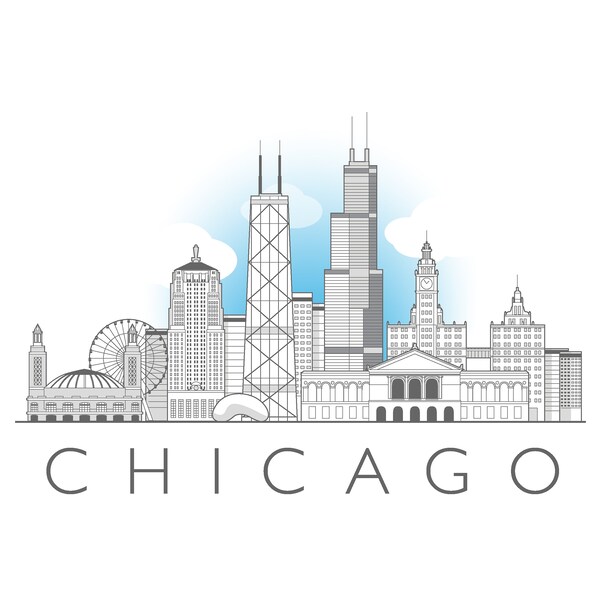 Chicago city, Illinois, cityscape illustration digital file