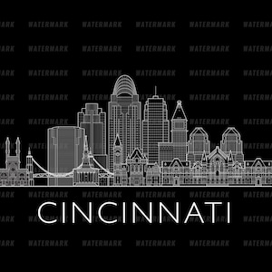 May include: A black and white line drawing of the Cincinnati skyline. The image features detailed outlines of various buildings, bridges, and architectural elements. The city name, "CINCINNATI," is written in white at the bottom of the image.