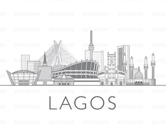 Lagos horizonte paisaje urbano ilustración archivo digital en blanco y negro