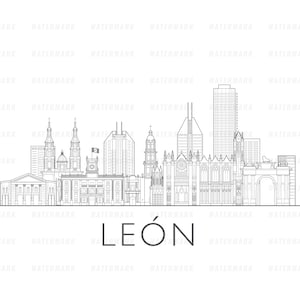 May include: A black and white line drawing of the León, Mexico skyline. The image features various buildings, including churches, skyscrapers, and arches. The city's name, LEÓN, is written in a sans-serif font below the skyline.