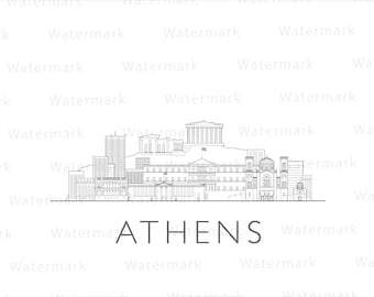 Ilustracja z panoramą Aten w Grecji | Grafika ścienna z widokiem na miasto w Atenach | Grafika do druku | Natychmiastowe pobranie cyfrowe | Wektory svg, png, eps i jpeg