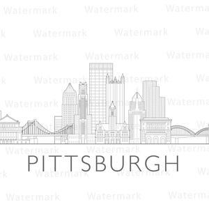 ピッツバーグ、ペンシルベニア州、アメリカ合衆国、スカイライン都市景観イラストデジタルファイル白黒
