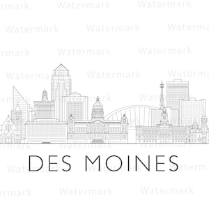 Puede incluir: Un dibujo lineal en blanco y negro del horizonte de Des Moines, Iowa. La imagen presenta varios edificios, incluido un capitolio estatal, y el texto "DES MOINES" en una fuente sans-serif.