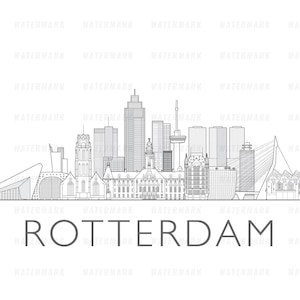 Puede incluir: Un dibujo en blanco y negro de la línea del horizonte de Rotterdam, con edificios icónicos como el Euromast y el puente Erasmus. El nombre de la ciudad "Rotterdam" está escrito en letras negras y negritas debajo del horizonte.