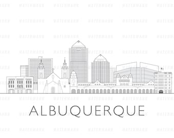 Ilustração do horizonte de Albuquerque, Novo México | Arte de parede com paisagem urbana | Arte para impressão | Download digital instantâneo | Vetores SVG, PNG, EPS e JPEG