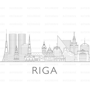 Puede incluir: Un dibujo lineal en blanco y negro del horizonte de Riga. La imagen presenta varios edificios, incluyendo torres, iglesias y estructuras modernas, todo en un estilo minimalista. La palabra "RIGA" está escrita debajo.