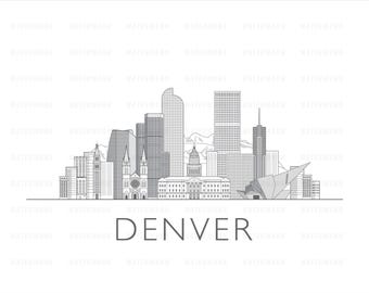 Denver skyline cityscape illustration digital file black and white