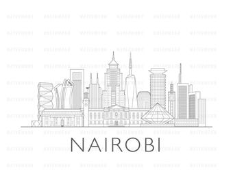 Ilustración digital del paisaje urbano de Nairobi, Kenia, en blanco y negro.