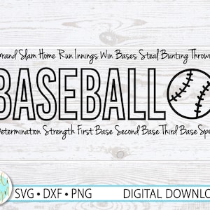 May include: Black and white baseball themed graphic with the word "BASEBALL" in large letters. The graphic includes a baseball, text about the game, and the words "Infield Pop Fly Curve" and "Catching Outfield".