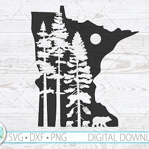 Minnesota SVG, Minnesota Design with Pine Trees and Bears, Minnesota Outline SVG, Instant Download, Png, Dxf, Svg for Cricut, Minnesota Gift