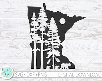 Minnesota SVG, Minnesota Design with Pine Trees and Bears, Minnesota Outline SVG, Instant Download, Png, Dxf, Svg for Cricut, Minnesota Gift