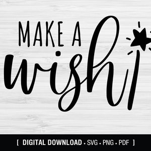 May include: Black and white graphic design with the text "Make a wish" and a star with a wand.