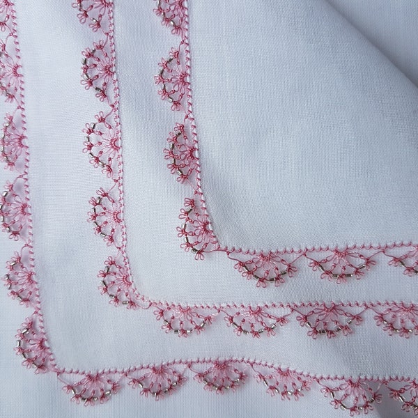 White Pink Beaded Turkish Needle Lace Oya Handmade Cotton Scarf 4side Oya trim Boho Anatolian Vintage Wrap Scarf / Christmas gifts for women