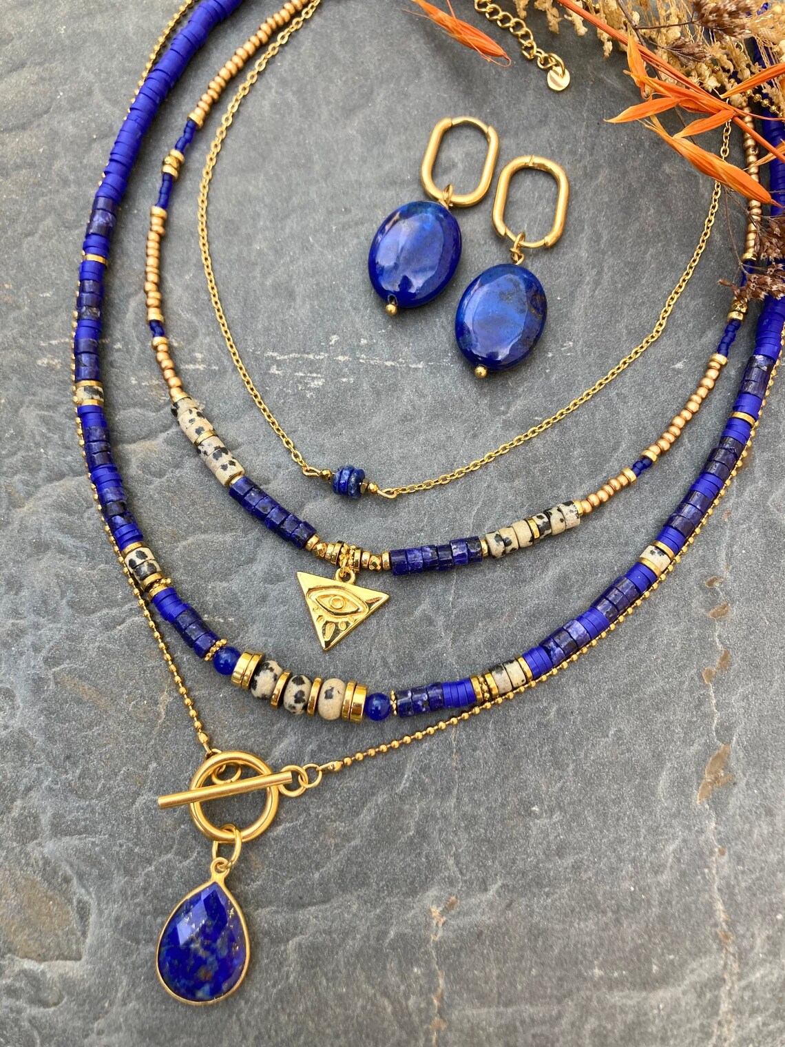 Collier Long 88cm En Pierre Lapis Lazuli - Pendentif étoile - Bleu Foncé
