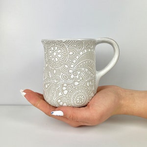White Lina 14oz Mexican Textured Clay Mug - Pottery Mug, Handmade Ceramic Mug, Handmade Pottery Coffee Mug, Ceramic Coffee Mug