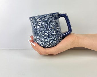 Blue Color 18oz Paz Textured Pottery Mug, Handmade Ceramic Mug, Handmade Pottery Coffee Mug, Ceramic Coffee Mug