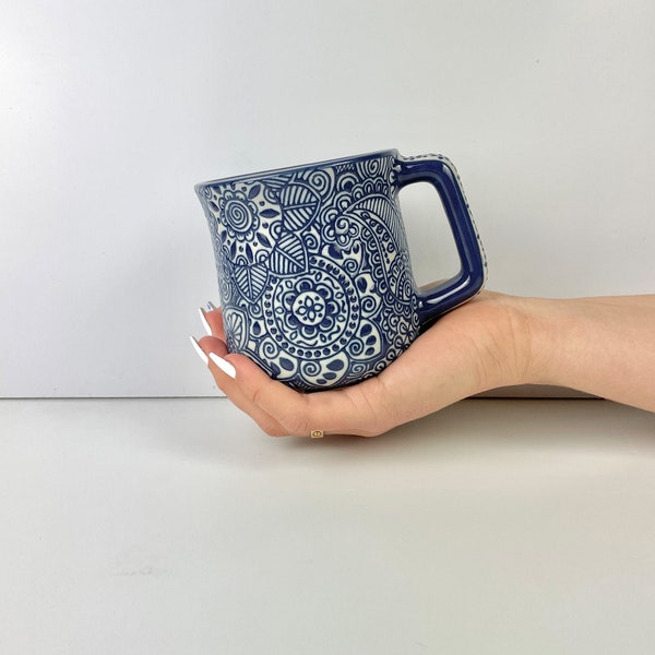 Blue Color 18oz Paz Textured Pottery Mug, Handmade Ceramic Mug, Handmade Pottery Coffee Mug, Ceramic Coffee Mug