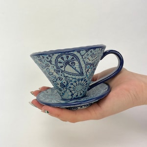 Multi Azul Maricruz Pour Over Cup - Mexican Clay Mug, Hand Painted Mug, Pottery Mug, Handmade Ceramic Mug, Handmade Pottery Coffee Mug
