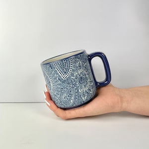 Blue Poeta 18oz Textured Mug, Handmade Ceramic Mug, Handmade Pottery Coffee Mug, Ceramic Coffee Mug