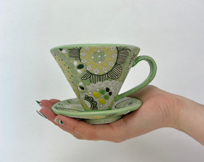 Multi Verde Maricruz Pour Over Cup - Mexican Clay Mug, Hand Painted Mug, Pottery Mug, Handmade Ceramic Mug, Handmade Pottery Coffee Mug