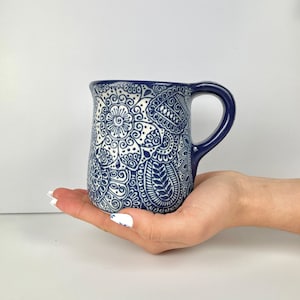 Blue Lina 14oz Mexican Textured Clay Mug - Pottery Mug, Handmade Ceramic Mug, Handmade Pottery Coffee Mug, Ceramic Coffee Mug
